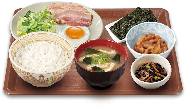 牛小鉢ベーコンエッグ朝食