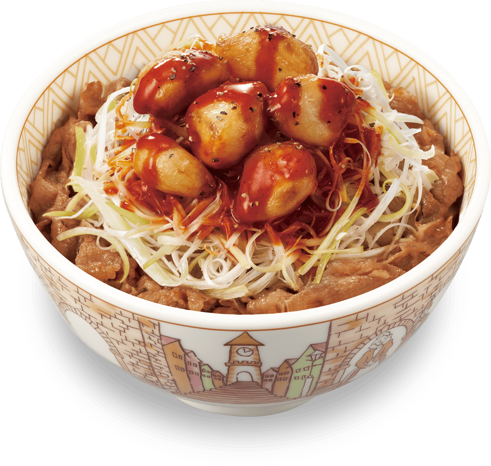 にんにく赤だれ白髪ねぎ牛丼
