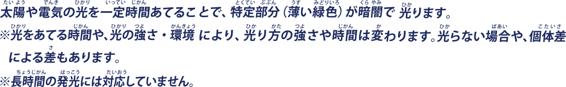 太陽や電気の光を一定時間あてることで、特定部分（薄い緑色）が暗闇で光ります。
※光をあてる時間や、光の強さ・環境により、光り方の強さや時間は変わります。光らない場合や、個体差による差もあります。
※長時間の発光には対応していません。